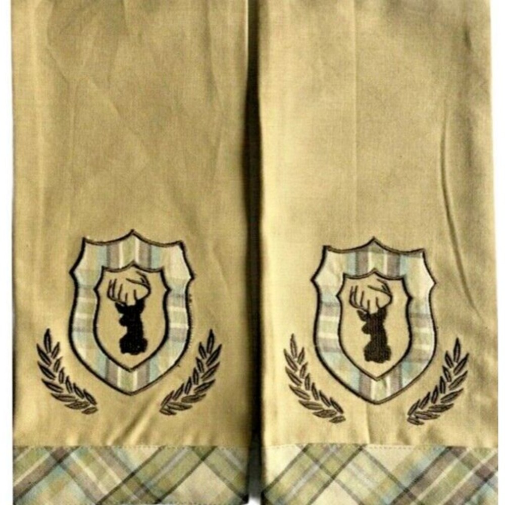 Park Designs Deer Embroidered Dish Towels Sack Cloth Cabin Rustic Lodge Set of 2